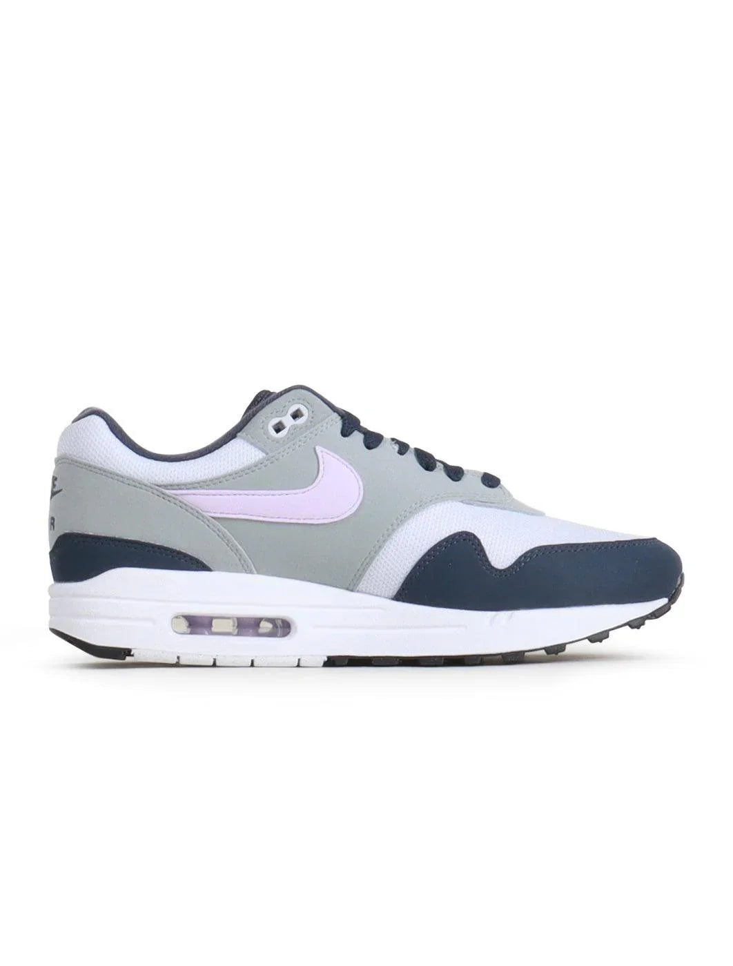 Nike Air Max 1 low-top sneakers, side view in gray and white with lilac swoosh and air sole