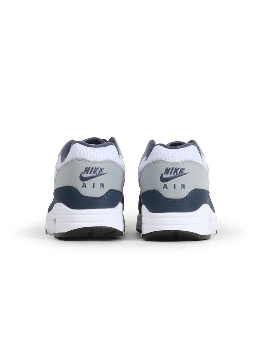 Nike Air Max 1 sneakers back view, white midsole and gray heel with Nike Air text