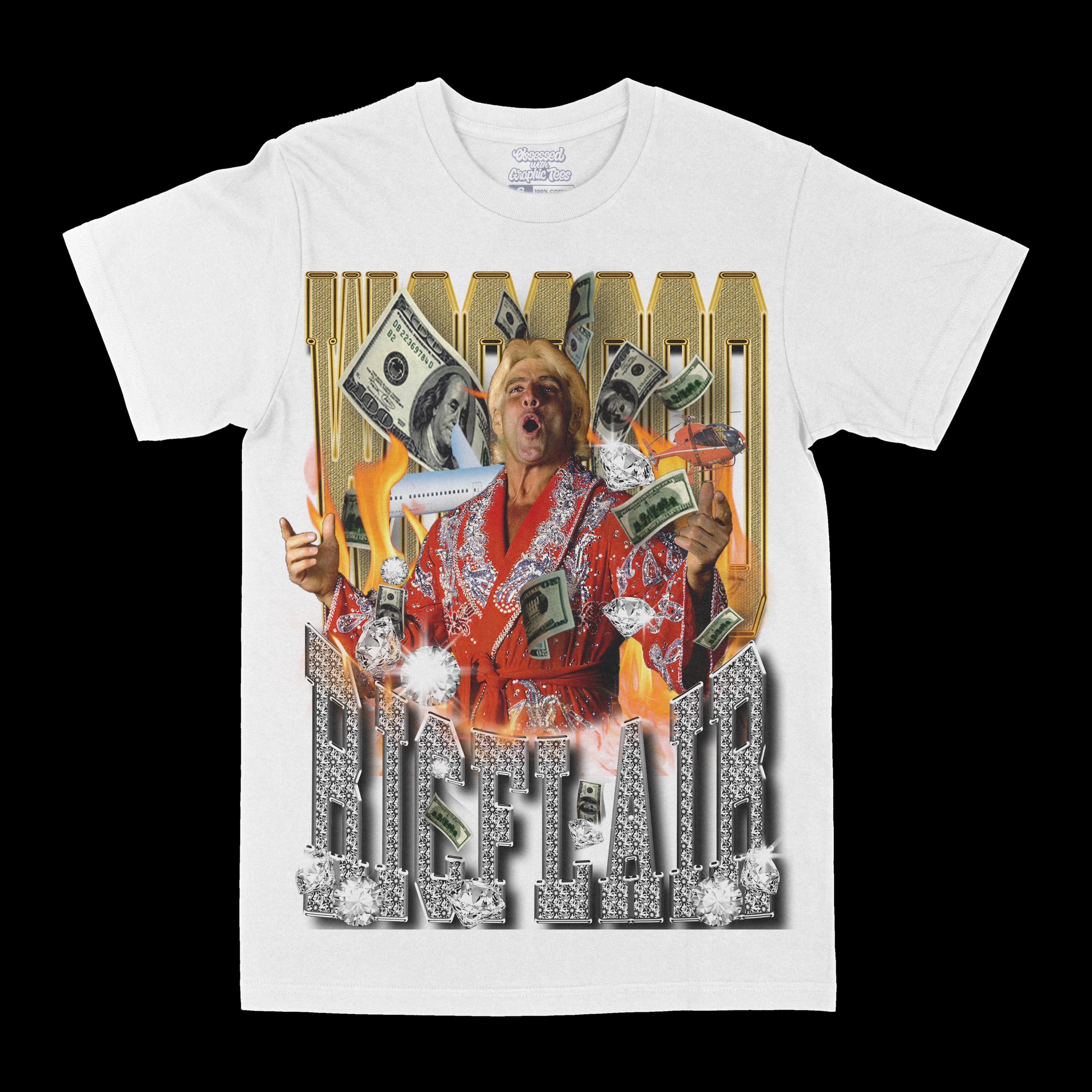 White graphic T-shirt with red robe dog mascot holding cash and glitter letters
