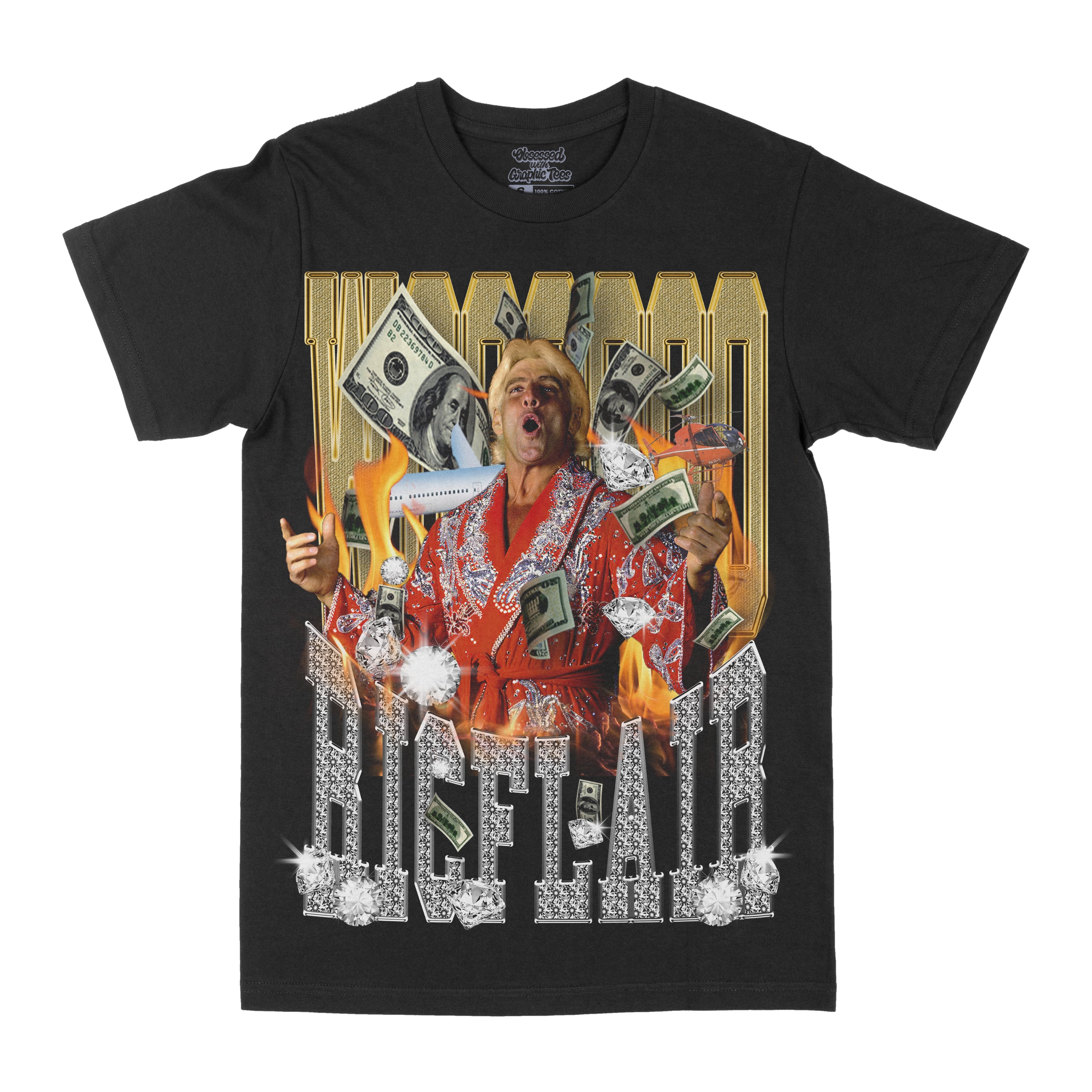 Black graphic T-shirt with red robe dog mascot holding cash and glitter letters