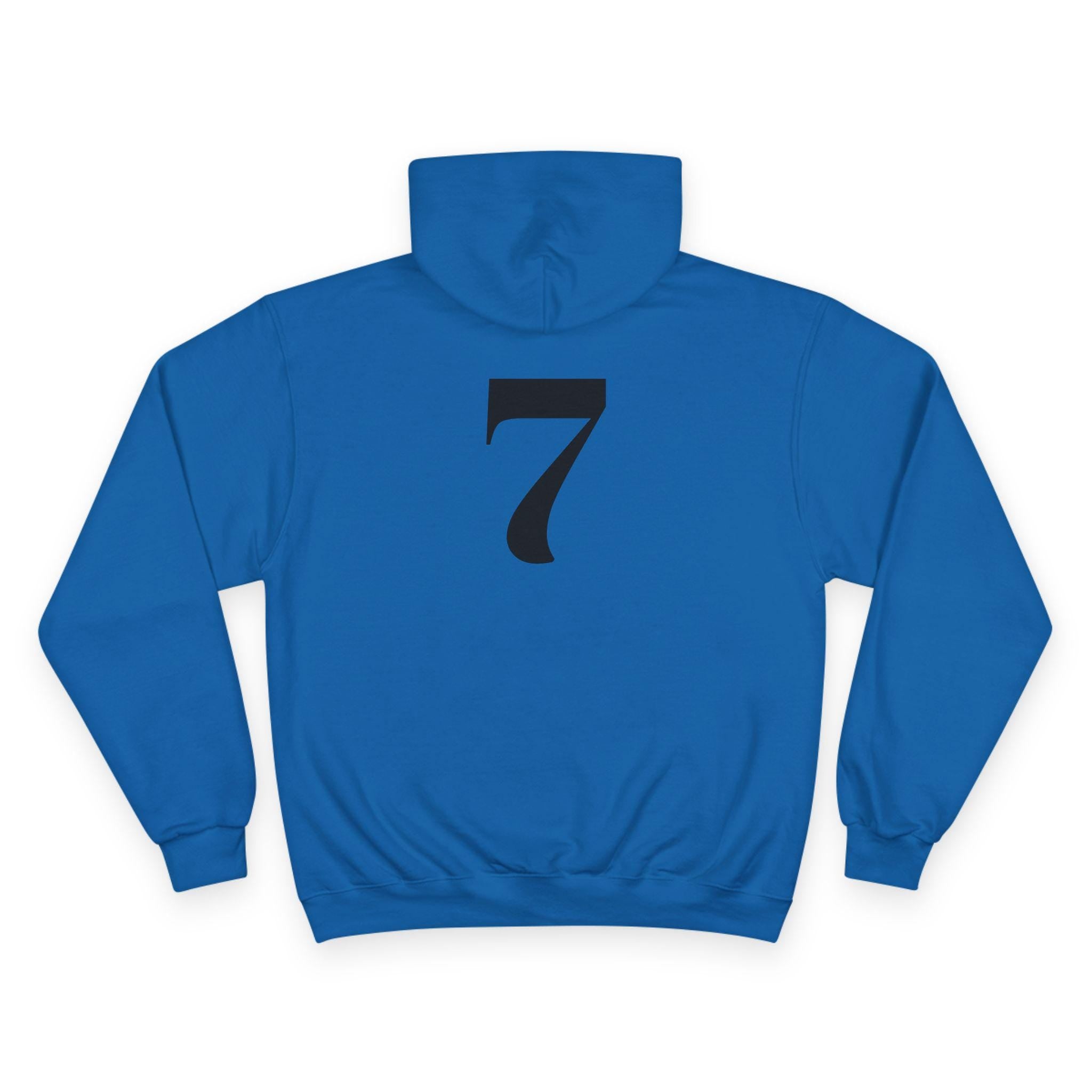 Royal blue hoodie with large black 7-style emblem and kangaroo pocket