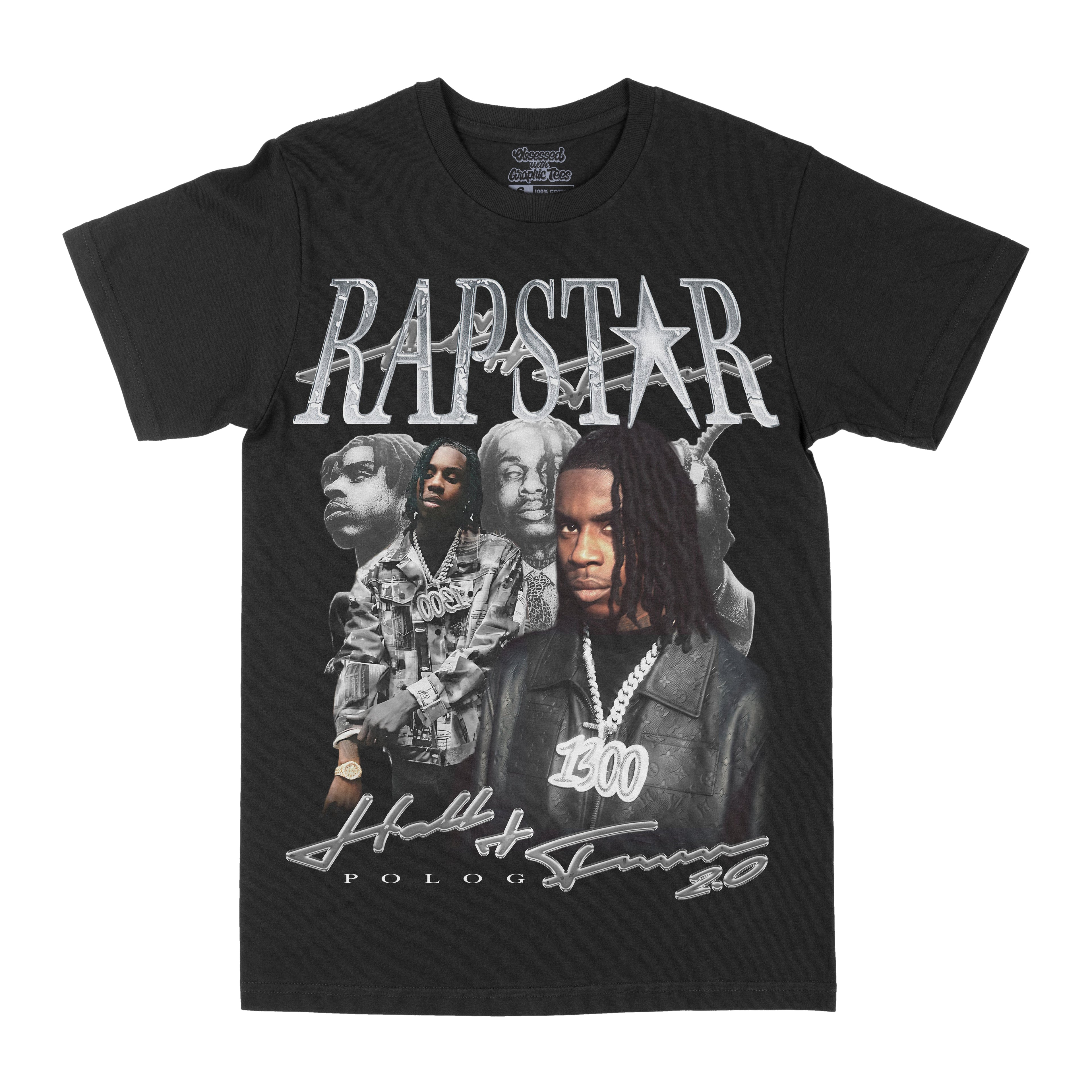 Black graphic crewneck T-shirt with 'Rapstar' star and portrait front print