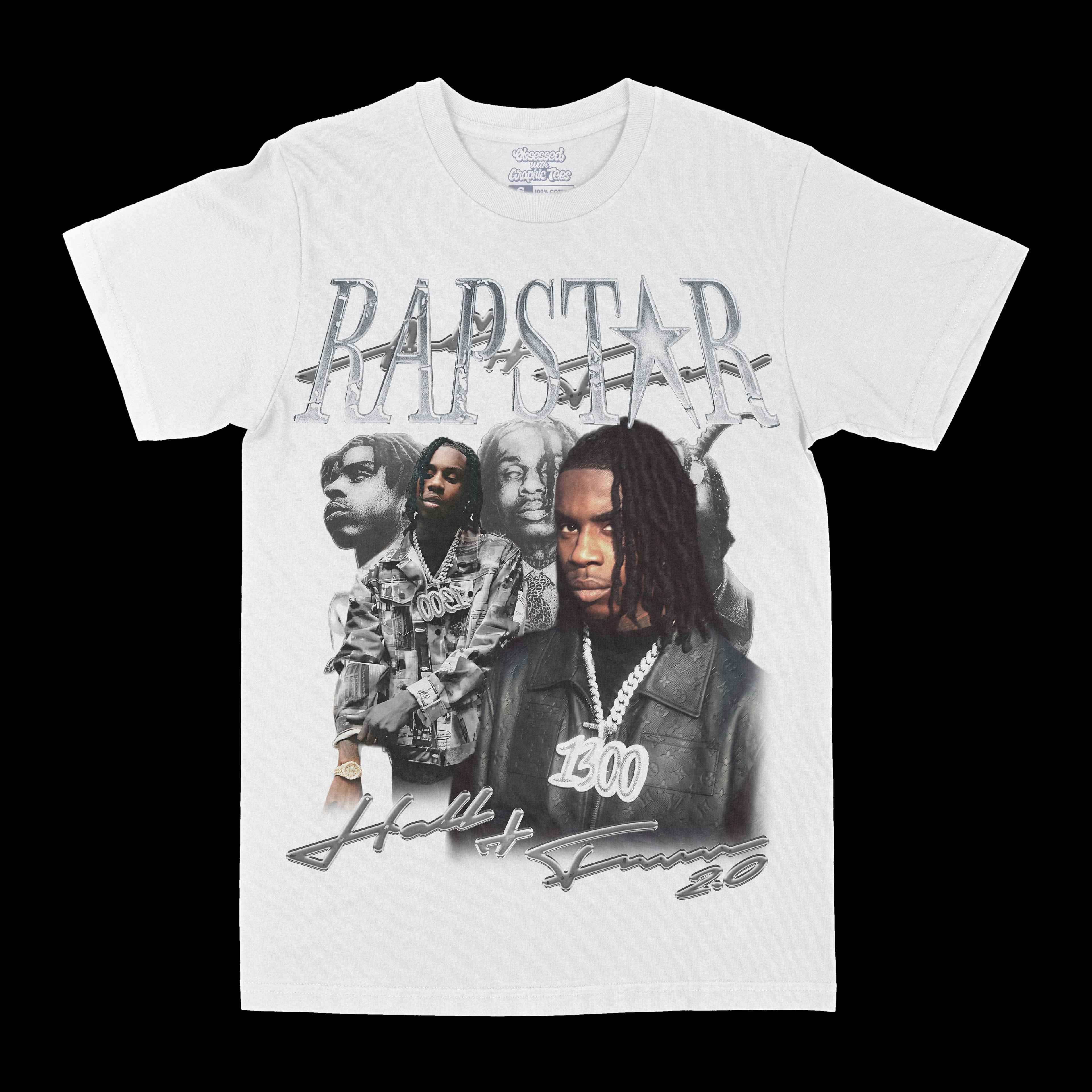 White graphic crewneck T-shirt with 'Rapstar' star and portrait front print
