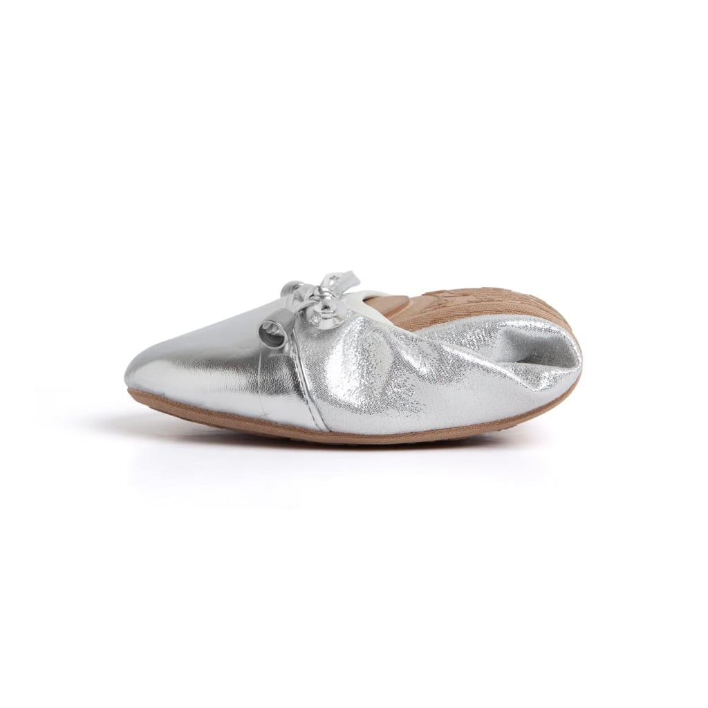 Silver metallic ballerina flats with bow-tie detail and low profile